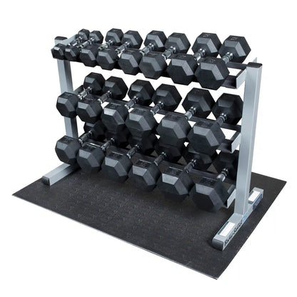 Hex dumbbell set on a three-tier rack, black rubber coating, perfect for home gym use.