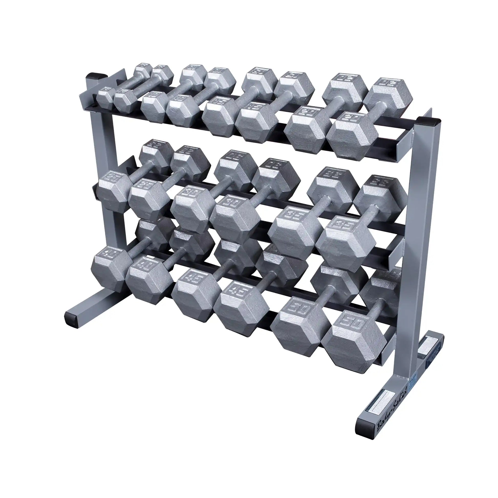 Hex dumbbell set on a sturdy rack, featuring various weights for home gym equipment organization.