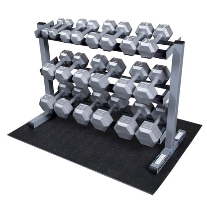 Hex dumbbell set on a sturdy rack, ideal for home gym strength training.