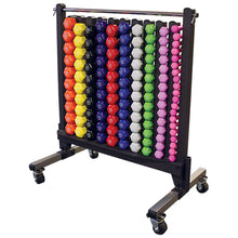 Colorful dumbbell set on mobile rack, featuring hexagonal design for gym use.