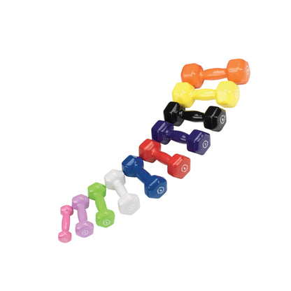 Colorful hex dumbbell set in various weights, ideal for home workout routines.