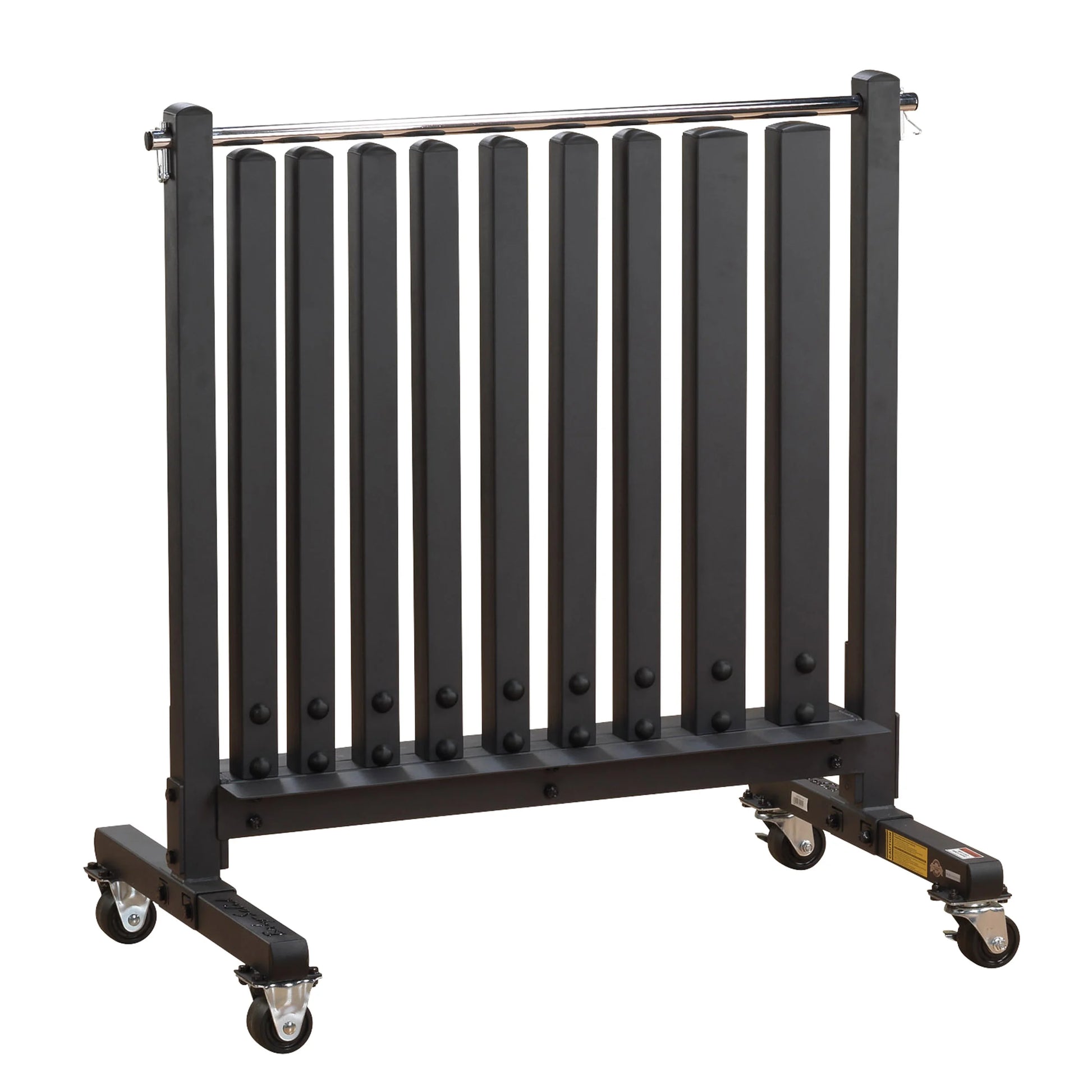 Black portable percussion instrument rack with locking casters.