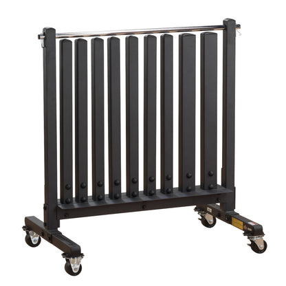 Black portable percussion instrument rack with locking casters.