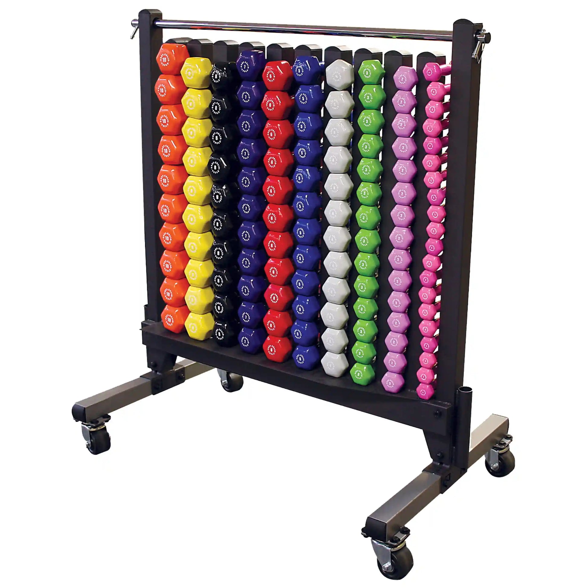 Hex dumbbell rack with colorful weights, featuring a mobile stand for convenient gym storage.