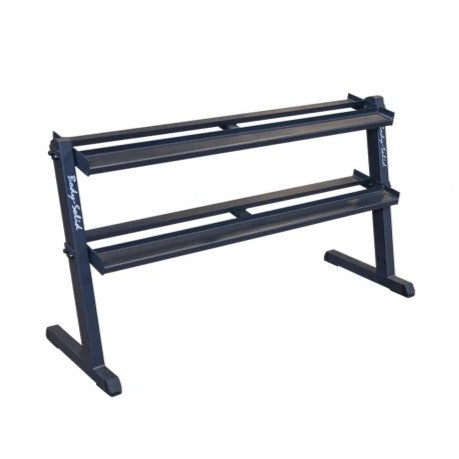 Body-Solid black two-tier dumbbell rack with sturdy steel construction.