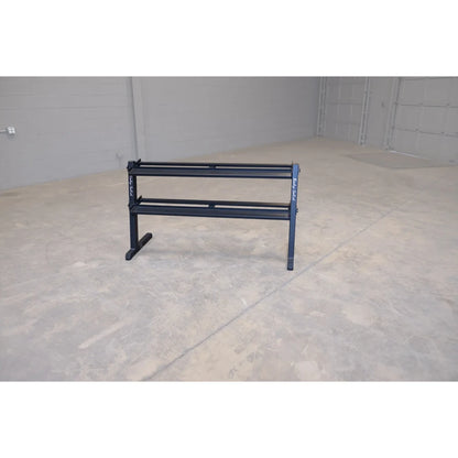 Rogue 3-Tier Dumbbell Rack in black, ideal for gym equipment storage.