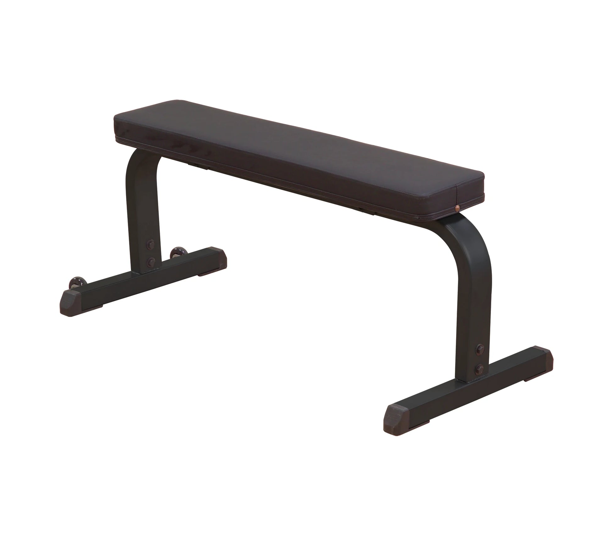 Flat weight bench with black padded seat and sturdy metal frame for home gym workouts.