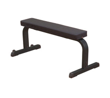 Flat weight bench with black padded seat and sturdy metal frame for home gym workouts.