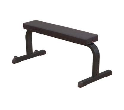 Flat weight bench with black padded seat and sturdy metal frame for home gym workouts.