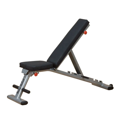 Adjustable Body-Solid weight bench with black padding and silver frame for versatile home gym workouts.