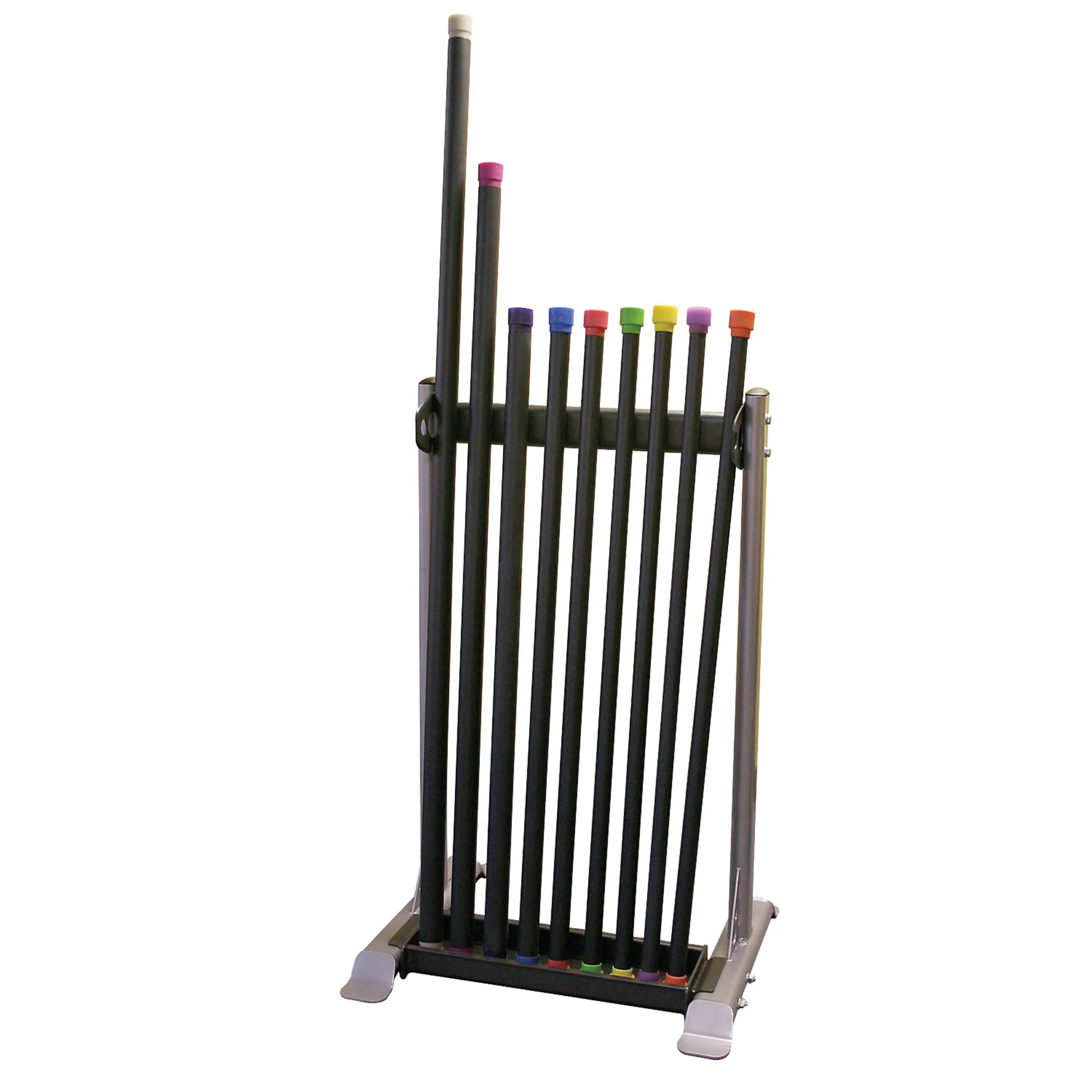 Weighted exercise bars with colorful caps on a stand, perfect for home gym workouts.