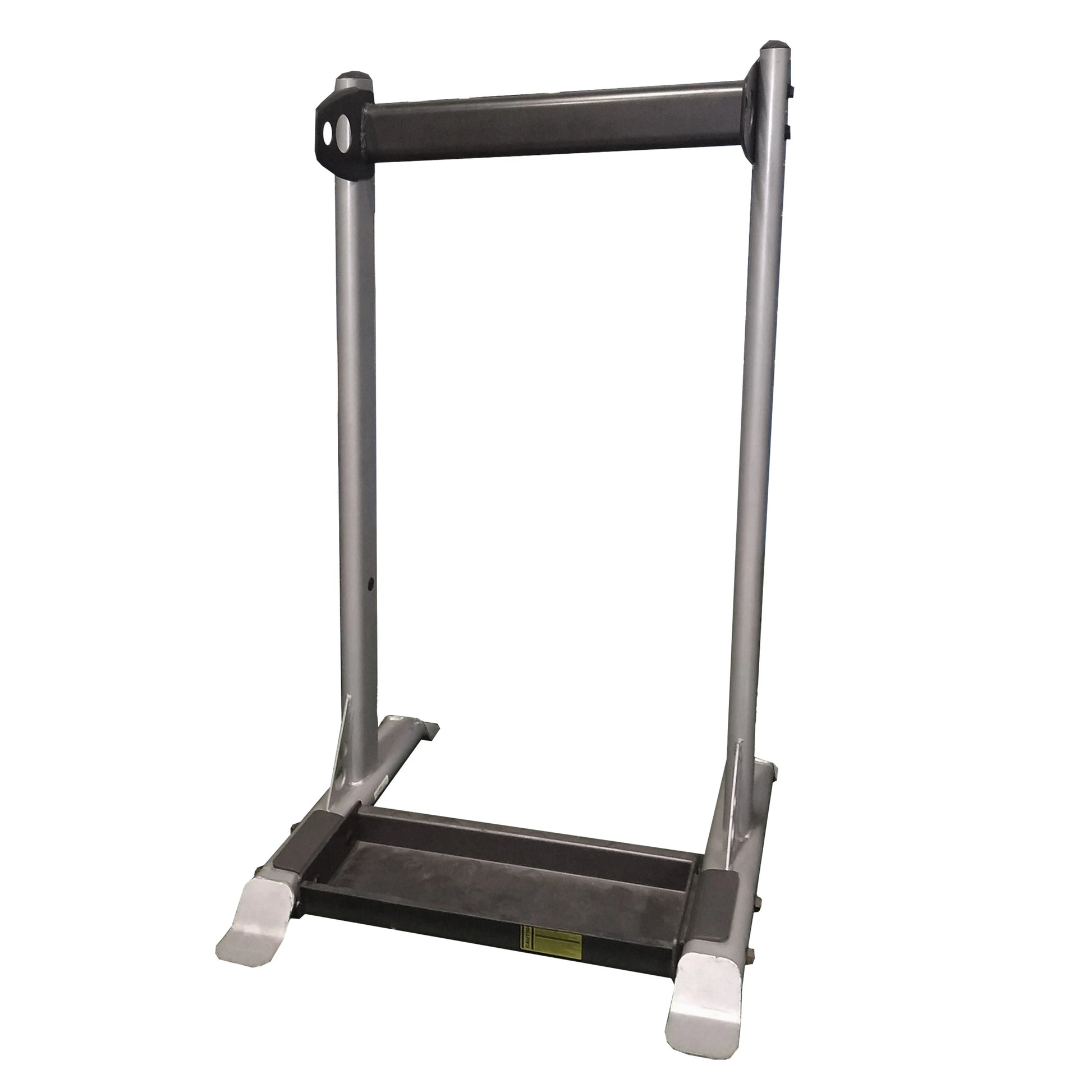 Silver treadmill frame stand with durable metal construction.