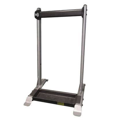 Silver treadmill frame stand with durable metal construction.