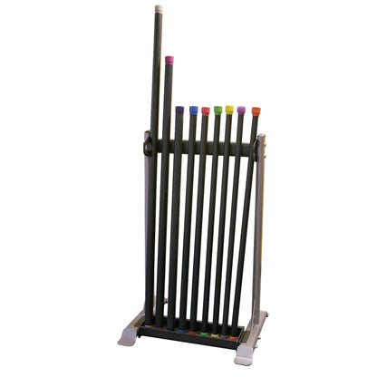 Body Bar storage rack with multiple black bars featuring colorful ends.