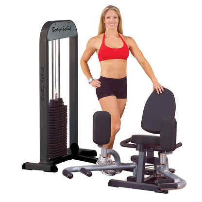 Body-Solid inner thigh machine with woman in red sports top demonstrating use.
