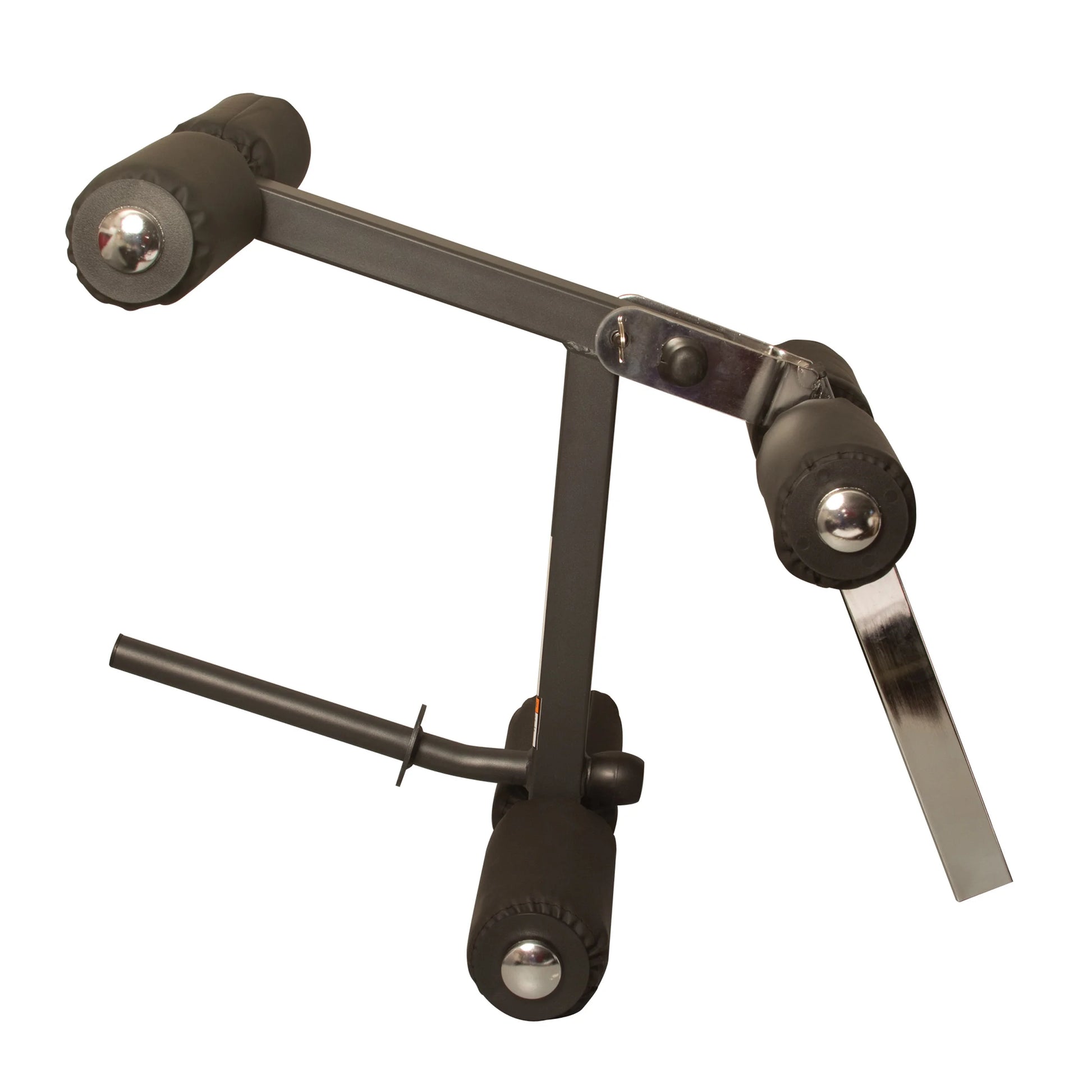 Adjustable metal guitar stand with padded supports for secure instrument placement.