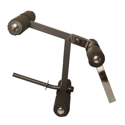 Adjustable metal guitar stand with padded supports for secure instrument placement.