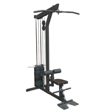 Lat pulldown machine with black steel frame and adjustable weight stack for home gym.