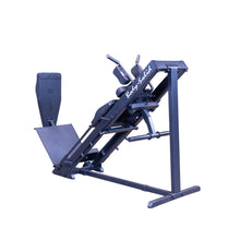 Body-Solid leg press machine in black with ergonomic padding for gym workouts.