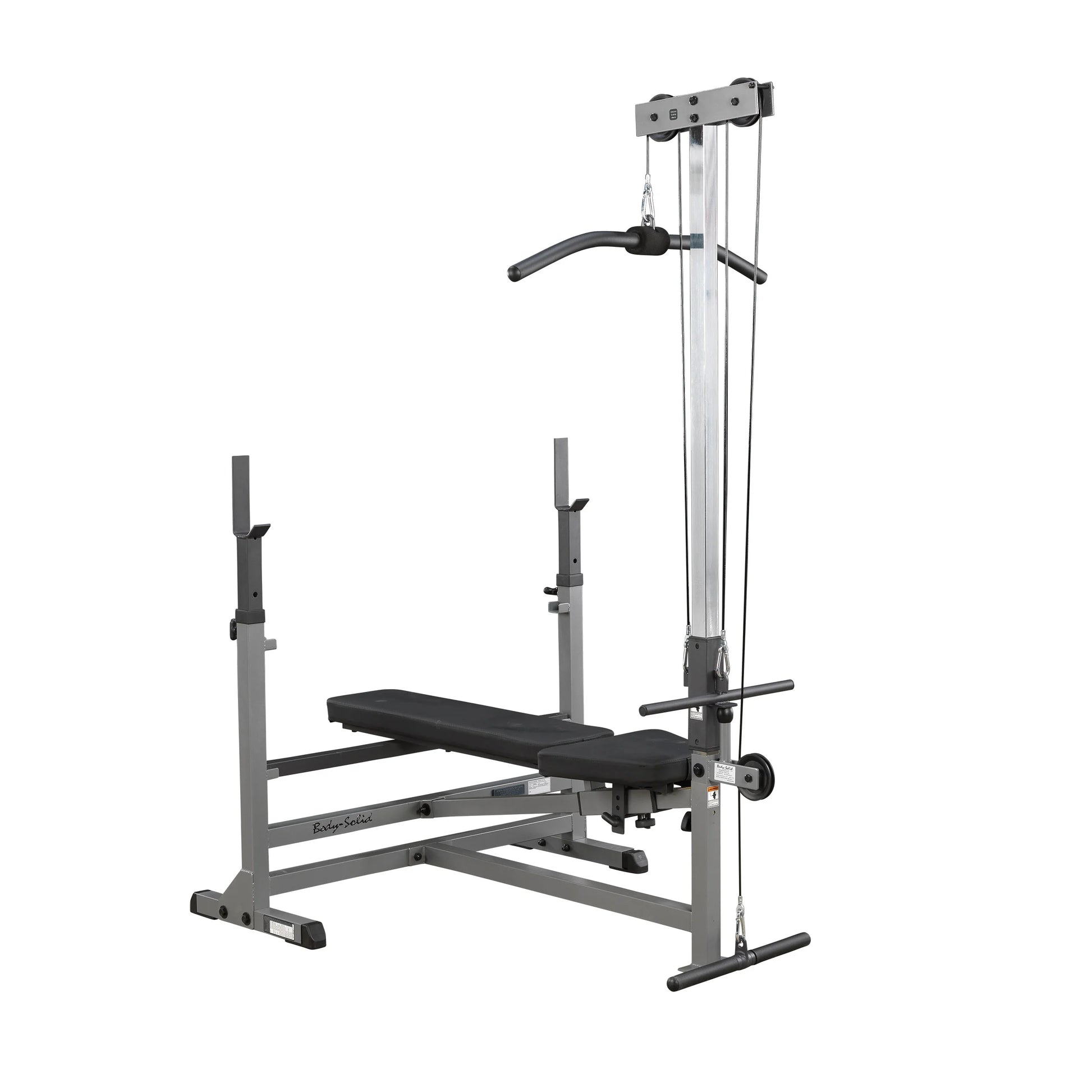 Body-Solid Powerline bench with lat pulldown attachment, gray frame.