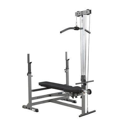 Body-Solid Powerline bench with lat pulldown attachment, gray frame.