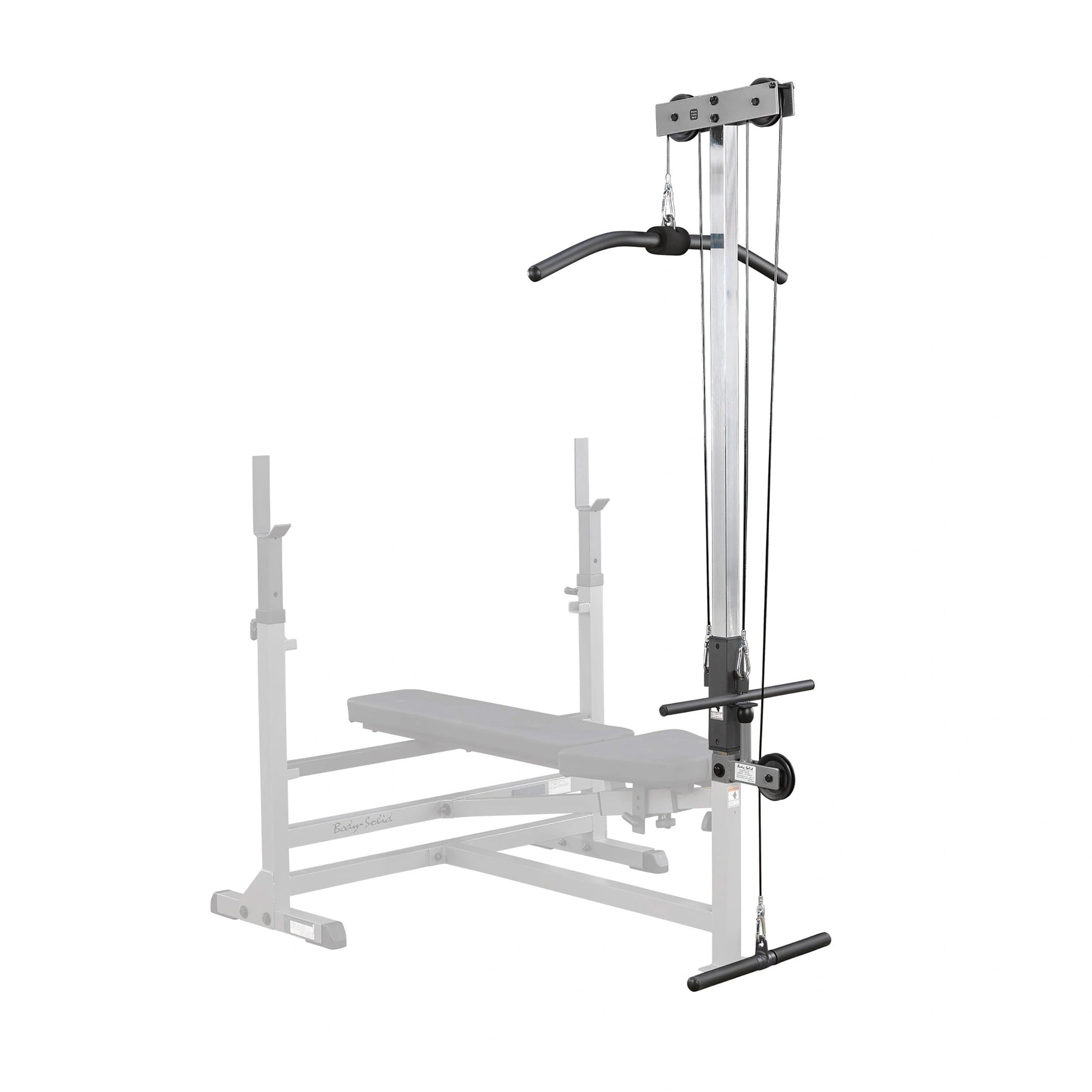Body-Solid lat pulldown attachment for bench, featuring a black padded bar.