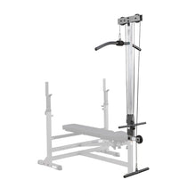 Body-Solid lat pulldown attachment for bench, featuring a black padded bar.