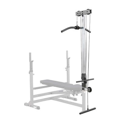 Body-Solid lat pulldown attachment for bench, featuring a black padded bar.