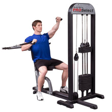 Man using Body-Solid PRO Select machine for strength training in blue shirt.