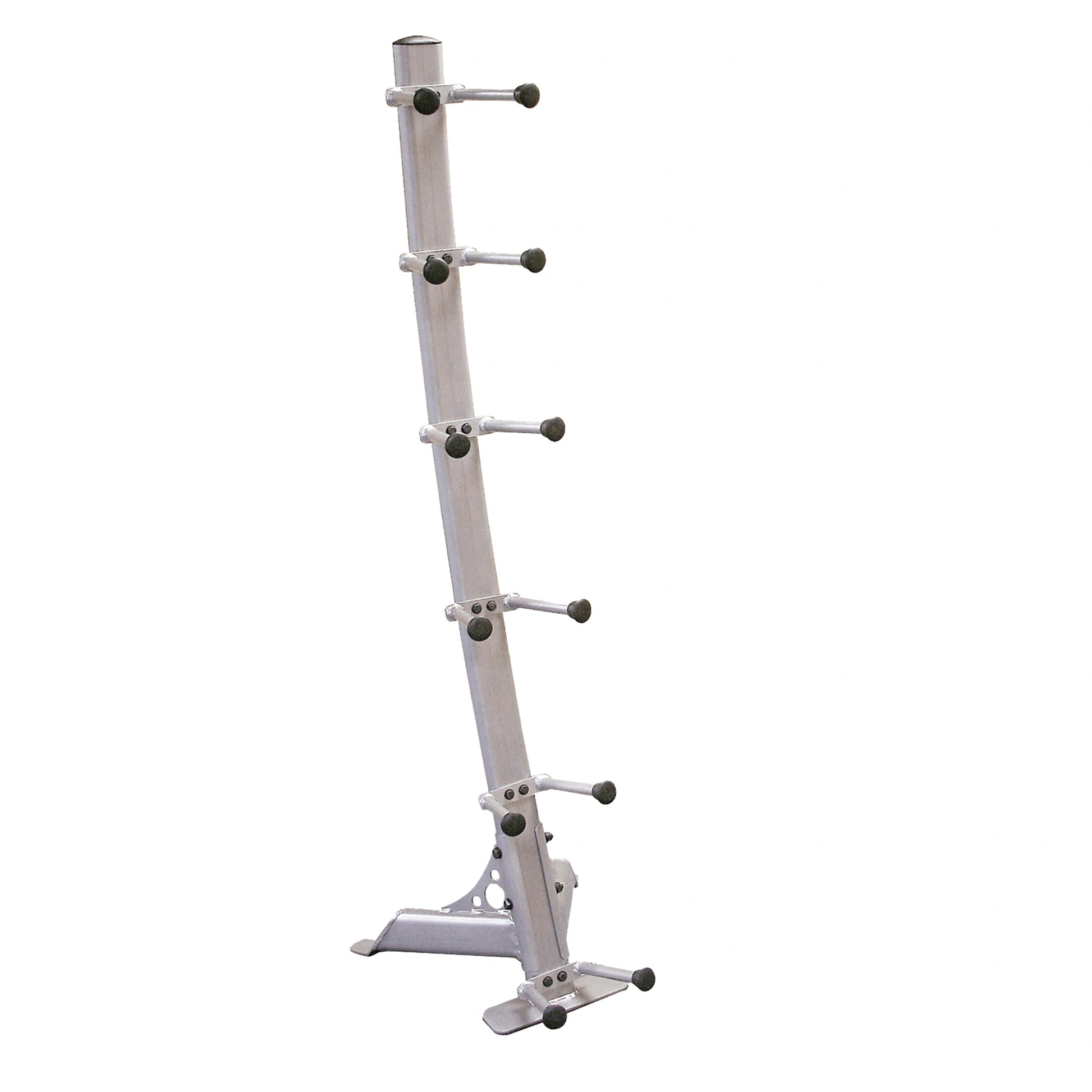 Vertical metal kayak storage rack with six padded arms.