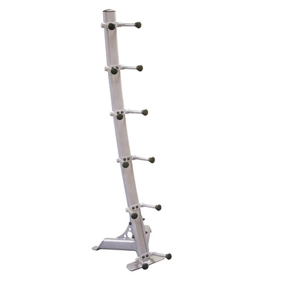 Vertical metal kayak storage rack with six padded arms.