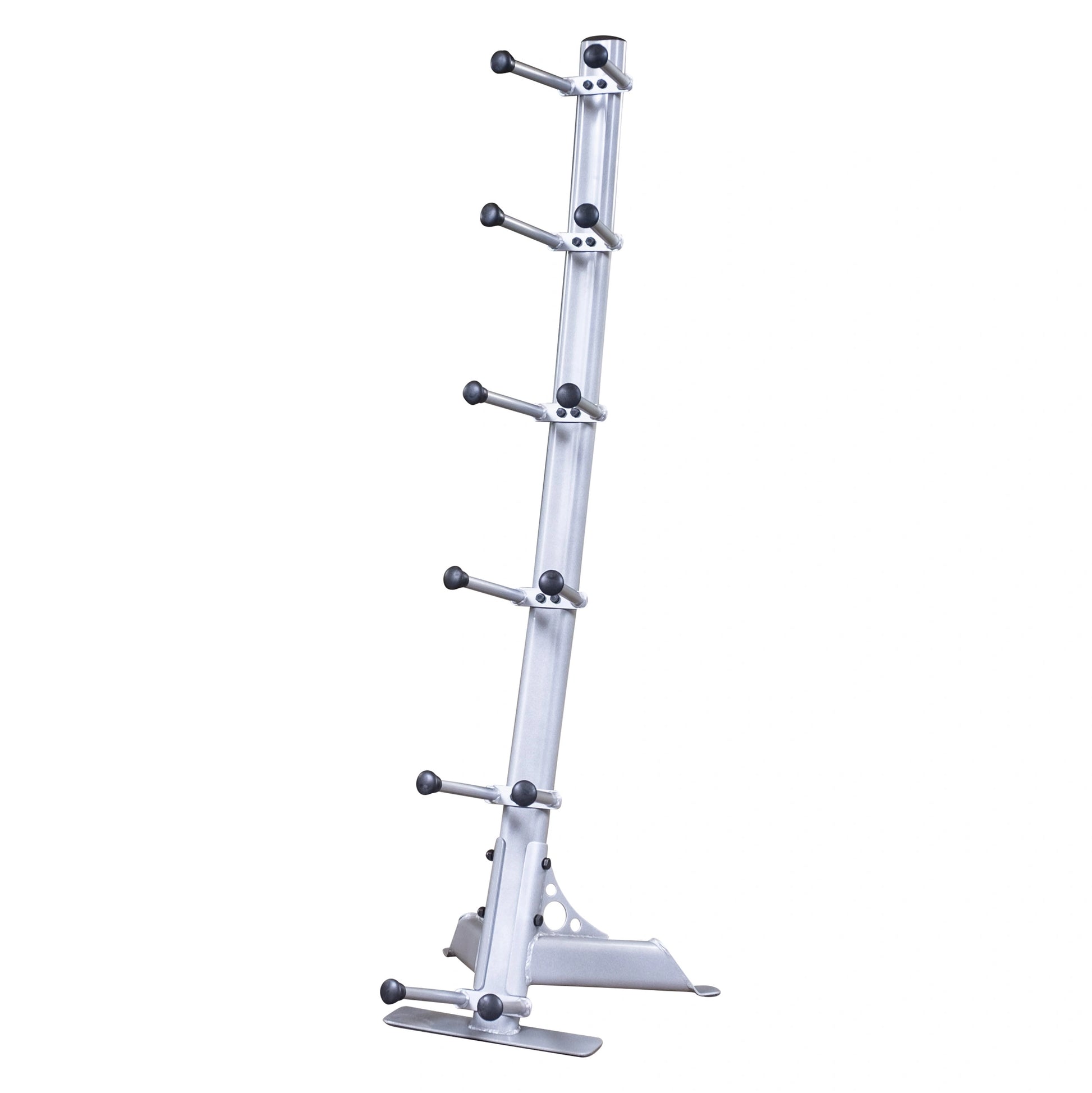 Silver steel kettlebell rack with six hooks for gym storage.
