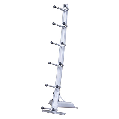 Silver steel kettlebell rack with six hooks for gym storage.