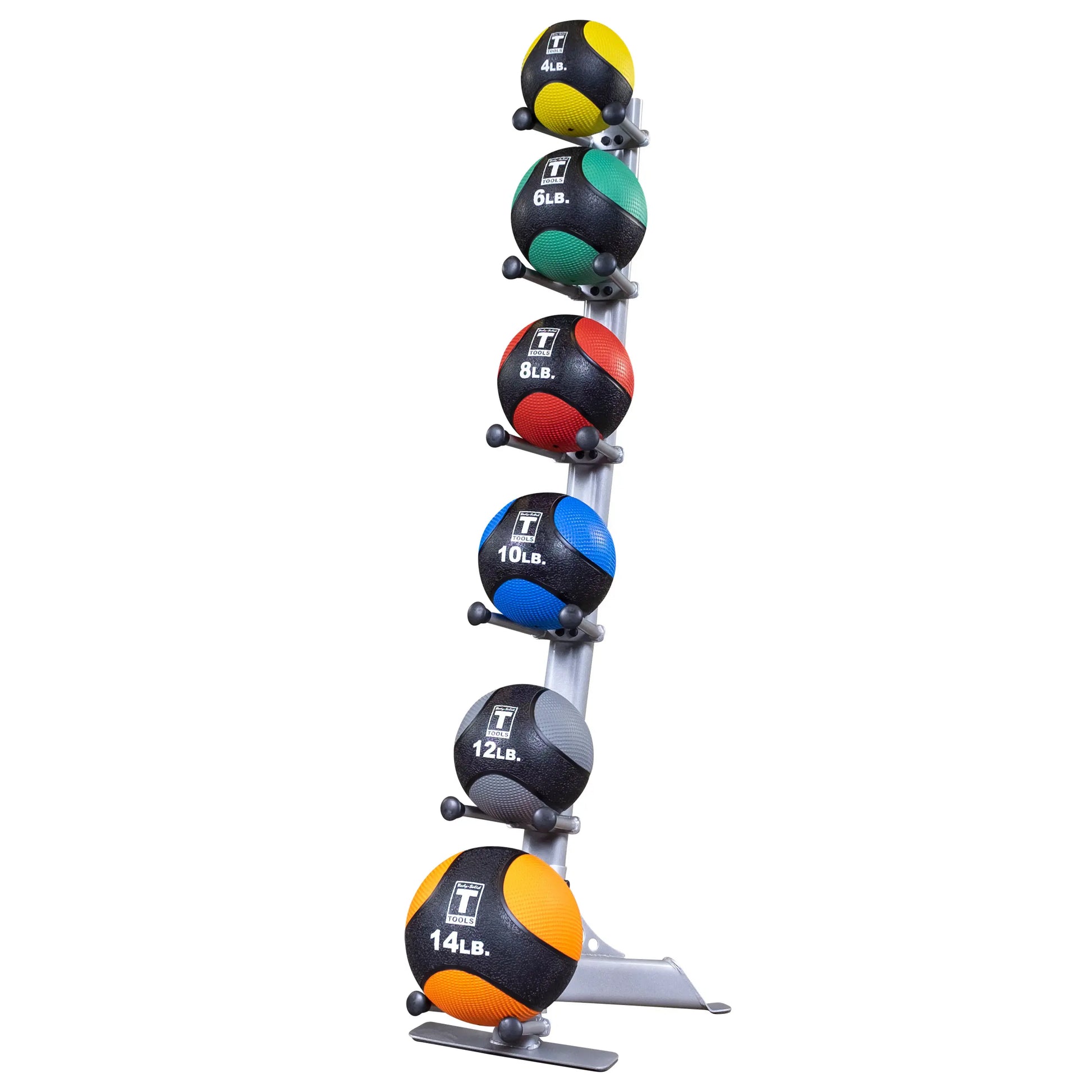 Troy Barbell medicine balls on rack with weights ranging from 4 lb to 14 lb, featuring colorful design.