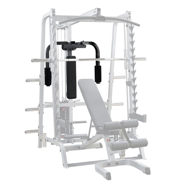 Body-Solid Smith machine with adjustable bench and leg extension for versatile home gym workouts.