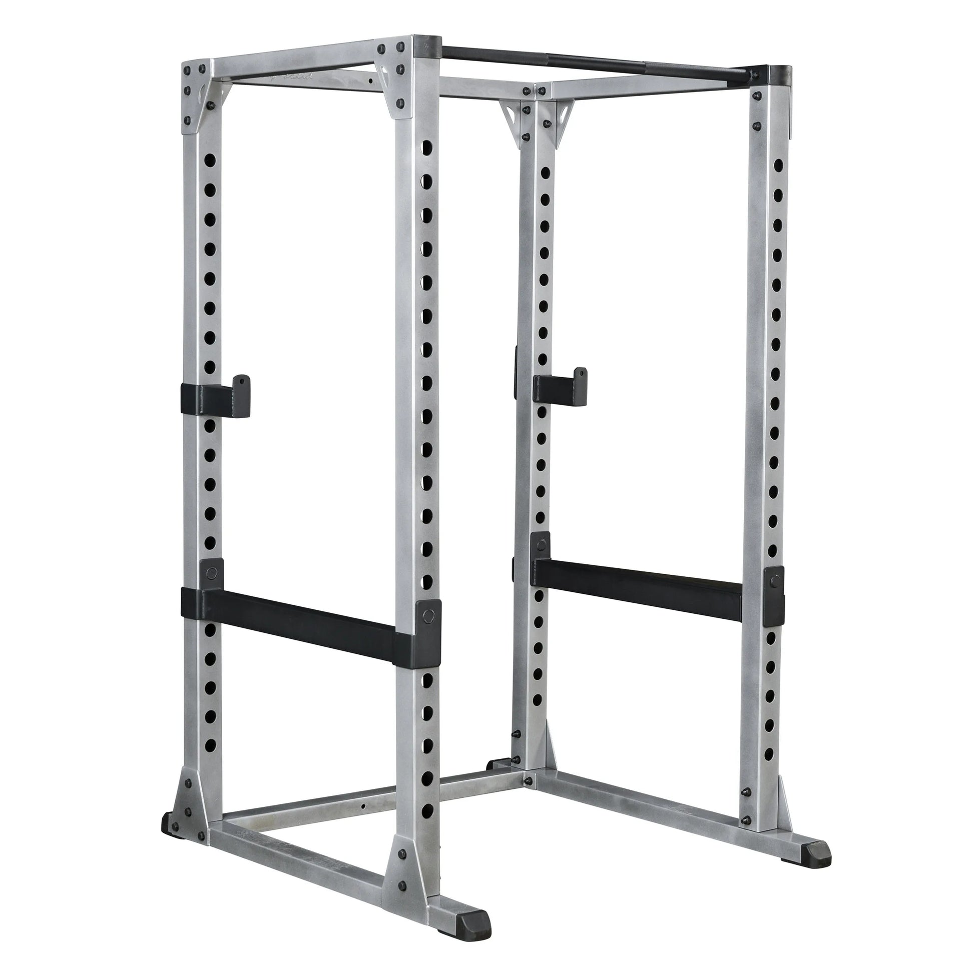 Steel power rack with adjustable safety bars for home gym workouts.