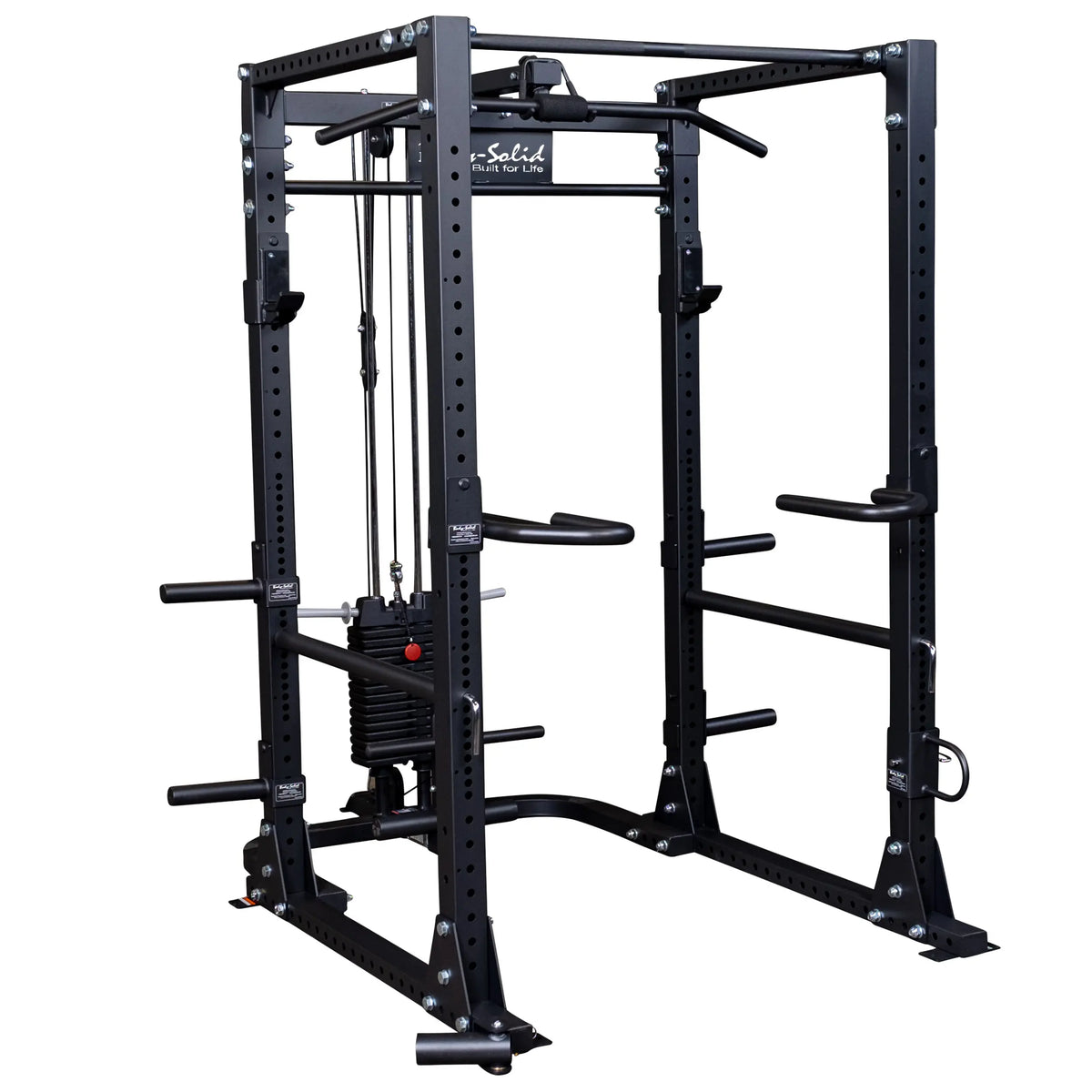 Body-Solid power rack with pull-up bar and weight stack, ideal for versatile home gym workouts.
