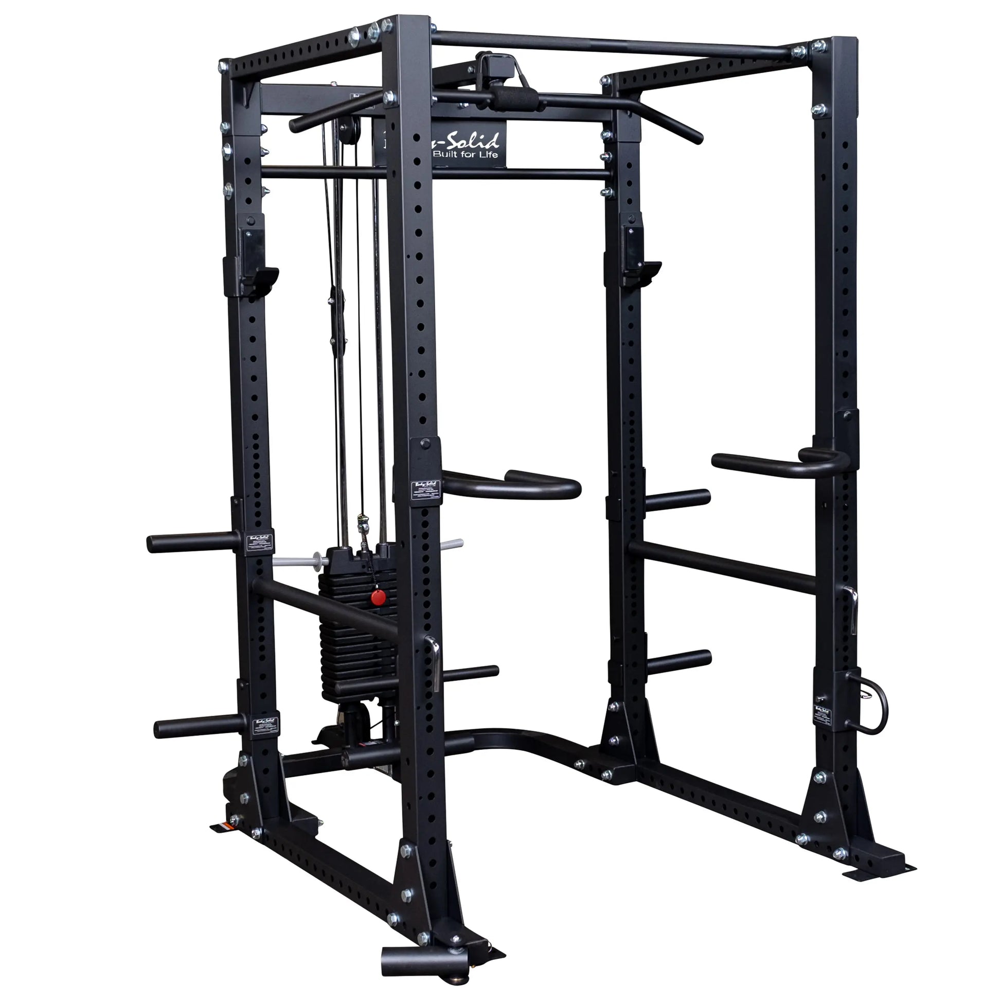 Body-Solid power rack with pull-up bar and weight stack, ideal for versatile home gym workouts.