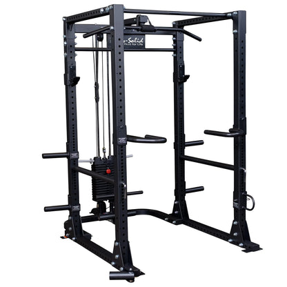 Body-Solid power rack with pull-up bar and weight stack, ideal for versatile home gym workouts.