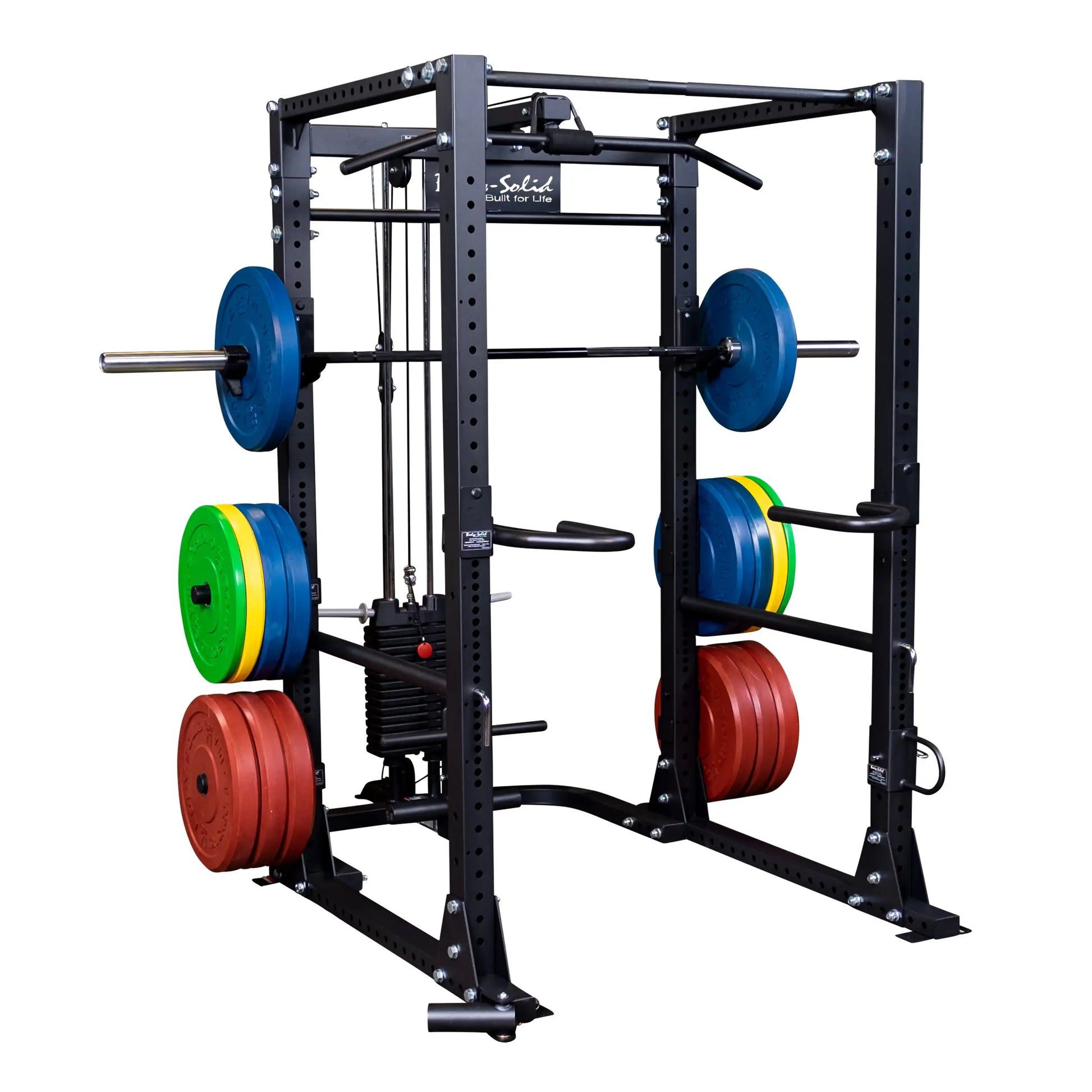 Body-Solid power rack with colorful weight plates, ideal for home gym strength training.
