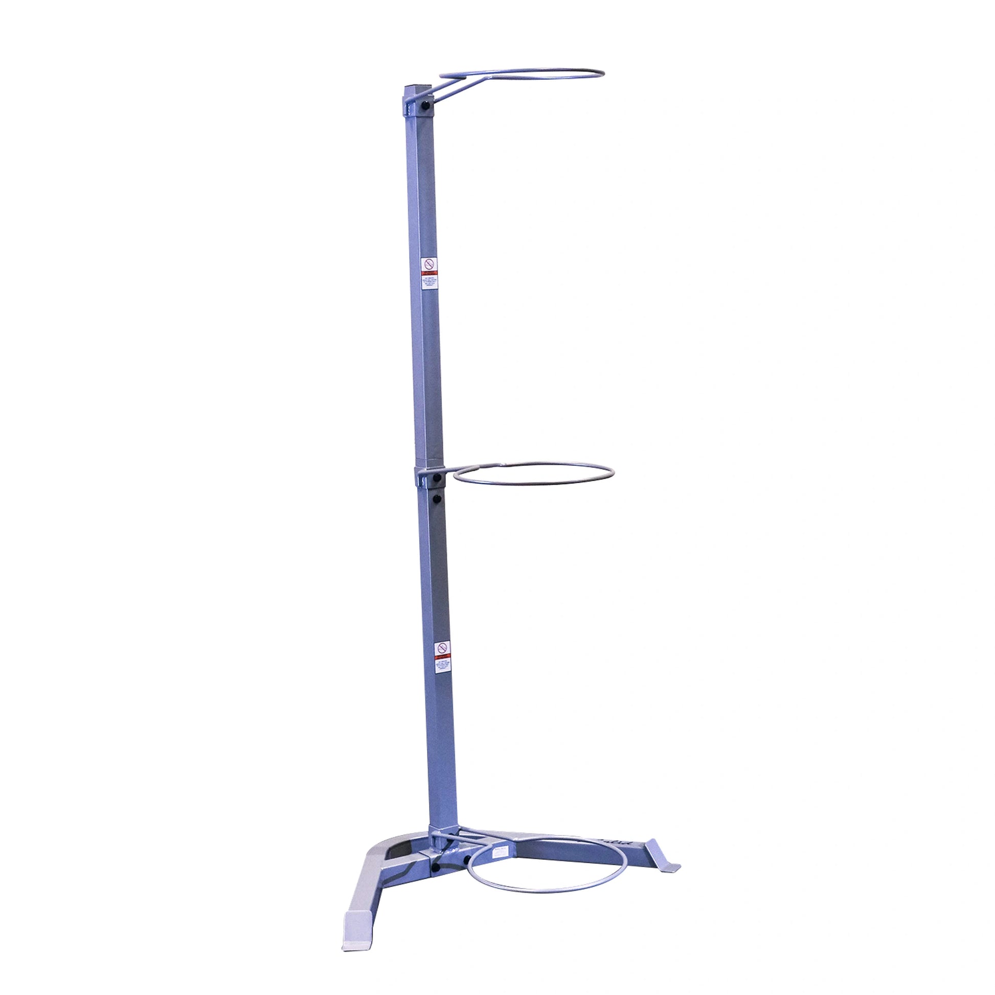 Blue metal stand for holding two trash bags, featuring a sturdy base.