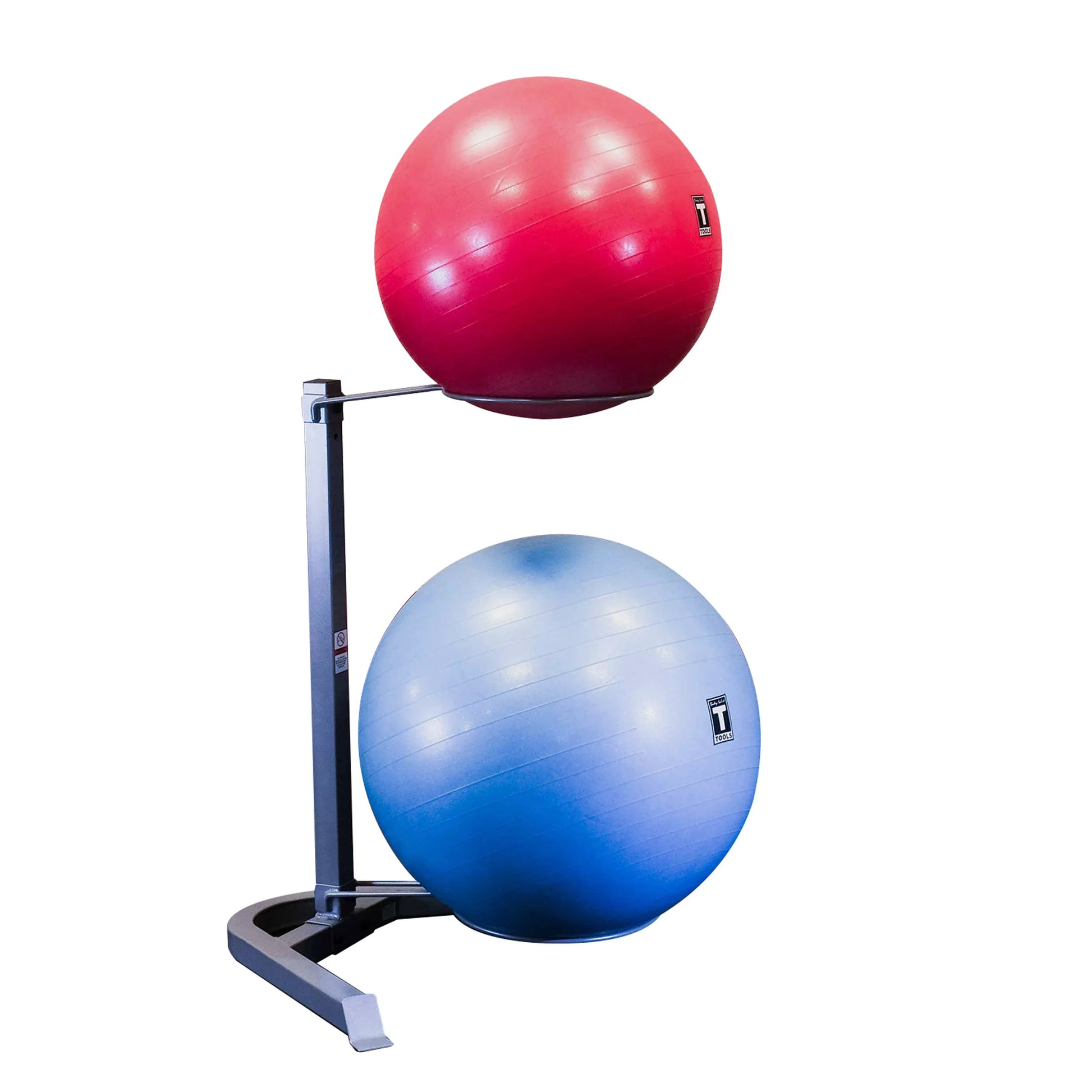 Red and blue exercise balls on a vertical rack stand for gym organization.