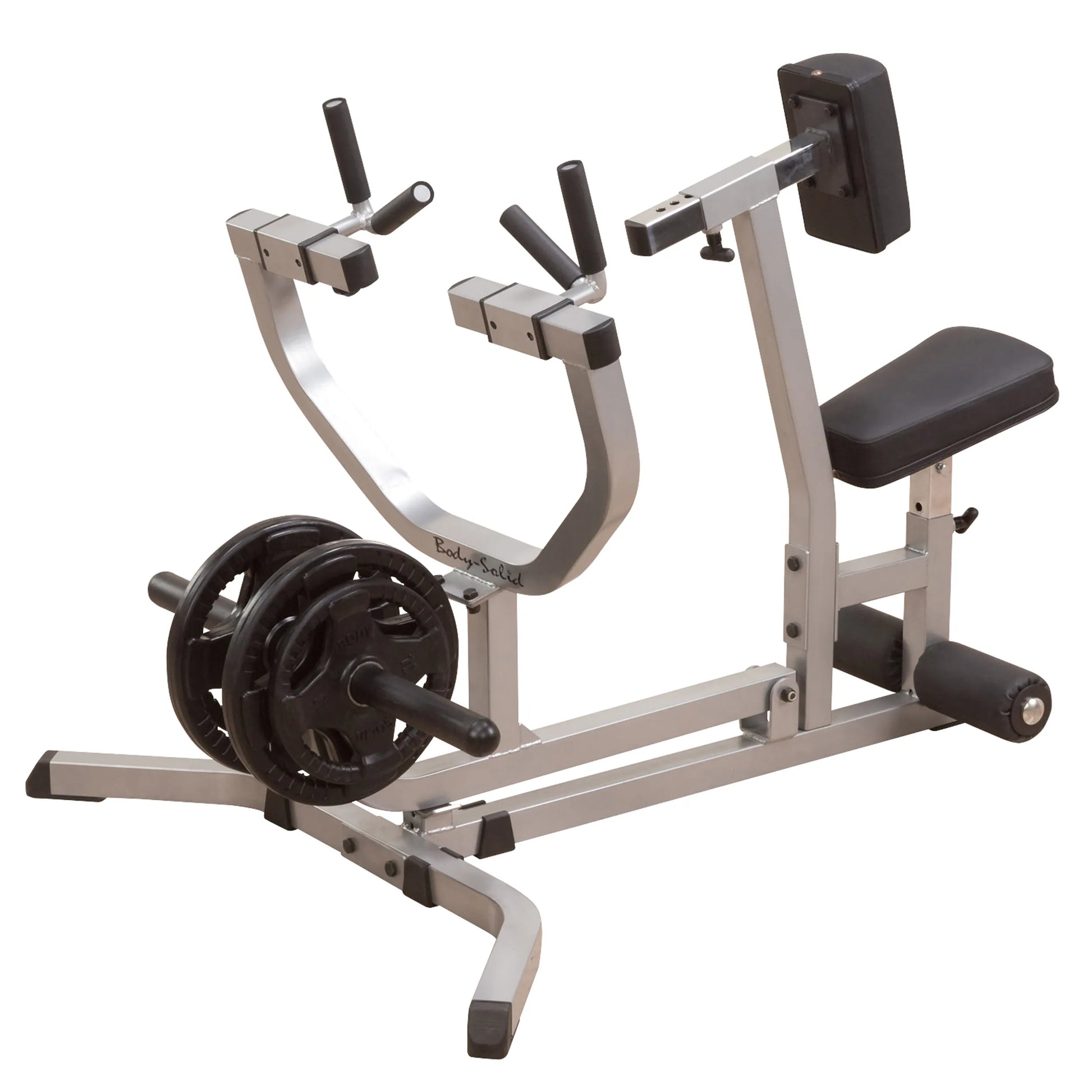Body-Solid seated row machine with padded seat and silver frame for effective back workouts.
