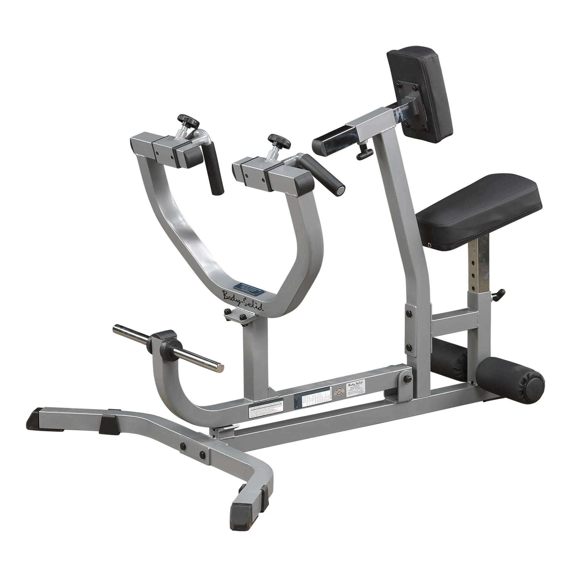 Body-Solid bicep curl machine with adjustable seat and padded armrest, ideal for strength training.