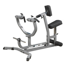 Body-Solid bicep curl machine with adjustable seat and padded armrest, ideal for strength training.