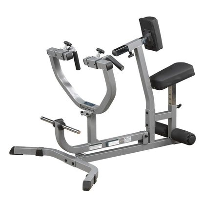 Body-Solid bicep curl machine with adjustable seat and padded armrest, ideal for strength training.