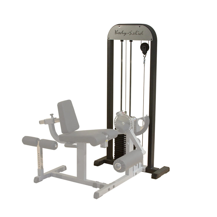 Body-Solid leg extension machine with padded seat and adjustable weights for gym workouts.