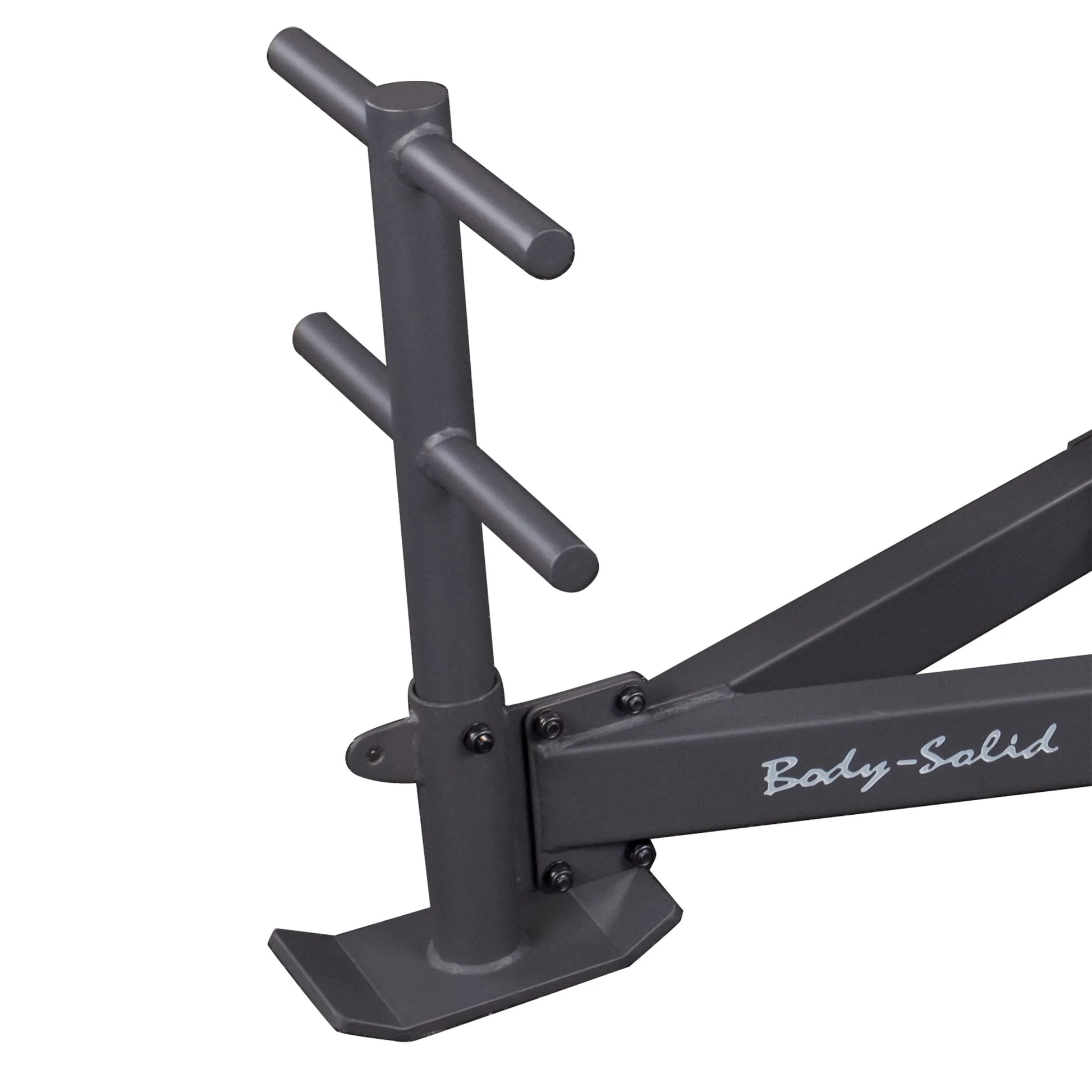 Body-Solid weight plate holder with sturdy steel construction, featuring multiple storage pegs.