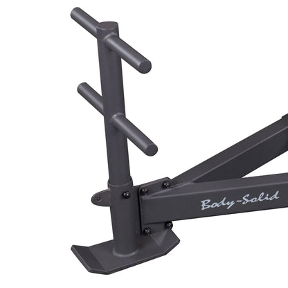 Body-Solid weight plate holder with sturdy steel construction, featuring multiple storage pegs.