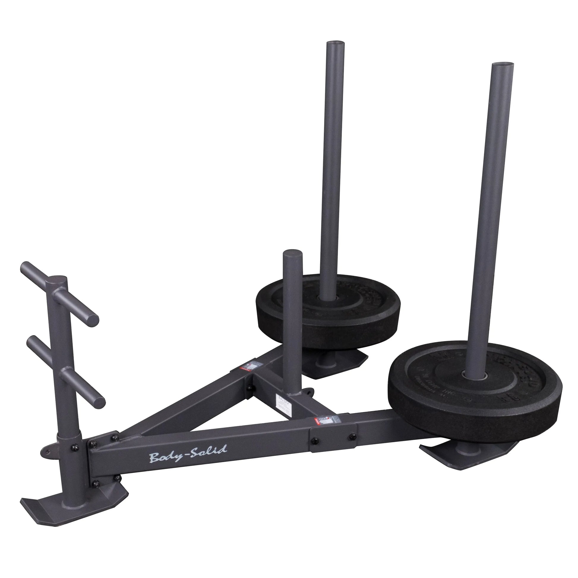 Body-Solid weight sled with dual handles and black weight plates for strength training.